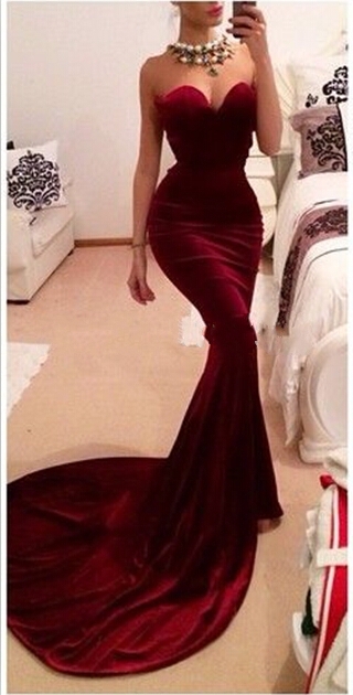 Unique Designer Burgundy Mermaid Prom Dresses 2015 women Long Train