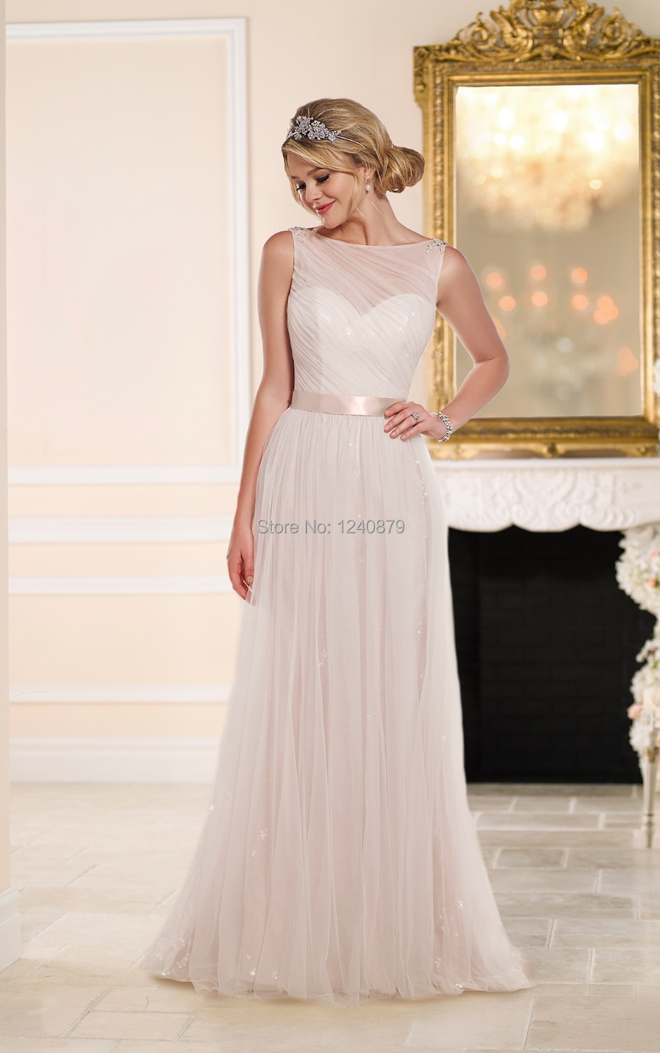 New Style blanc robe de mariée élégante robe plissée de noiva stella york longues backless robe