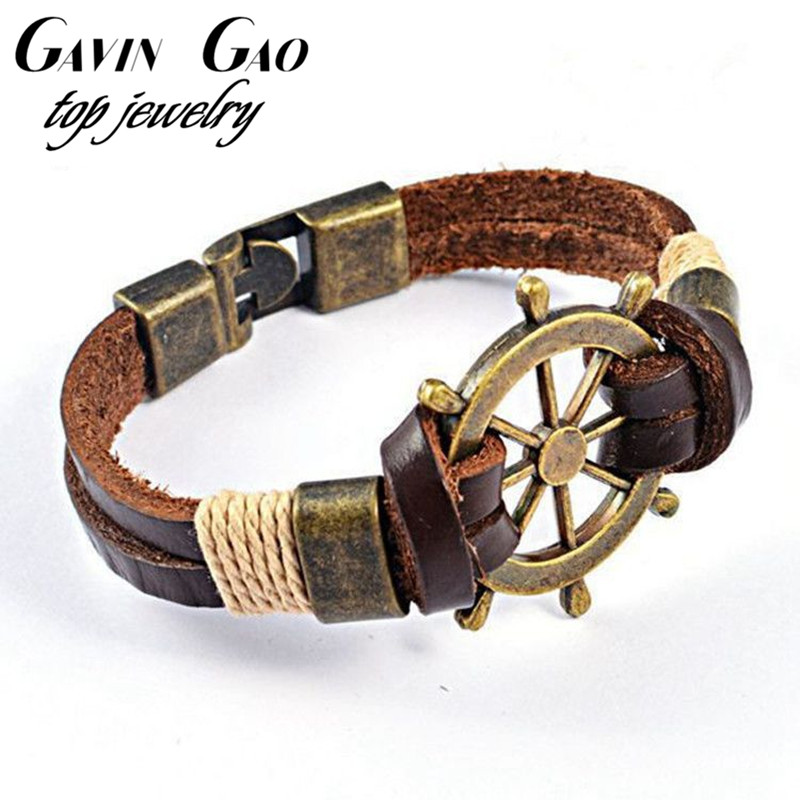 Image of High Quality Fashion Genuine Cow Leather Bracelets For Men Vintage Stainless Steel Rudder Charm Bracelets Bangles Party Jewelry