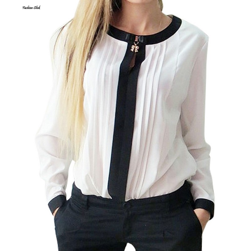 Image of Women Tops And Blouses 2016 New Spring Ladies Chiffon Blouse Shirt Long Sleeve O- Neck Bow Tops Chemisier Femme Manche Longue