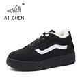Winter Korean Plush Warm Cotton Shoes Women Black Chunky Soled Shoes Woman Sneakers PU Lace Up