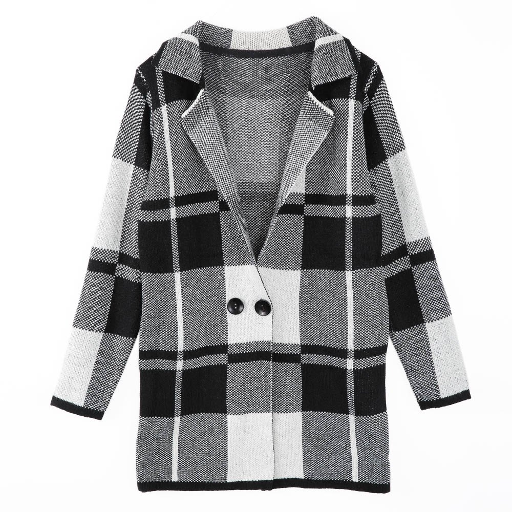 Simple Design Turn Down Collar Long Sleeve font b Tartan b font Cardigan For Women