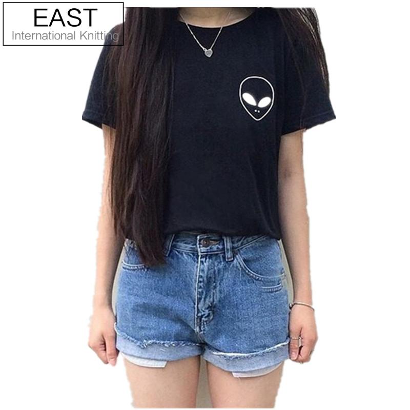 Image of EAST KNITTING New Women T shirt Alien Print Funny Casual Loose Shirt For Lady White Black Grey Top Tees