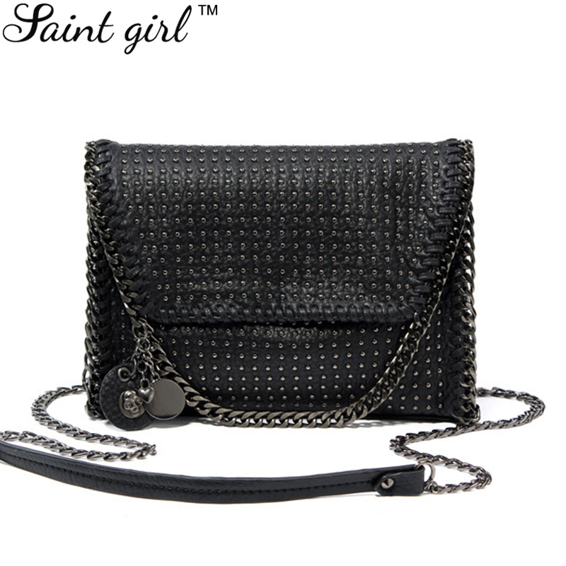 Saint Girl Ladies Shoulder Bag Handbag Messenger Satchels Metal Chain Casual Black PU Rivet Bag With