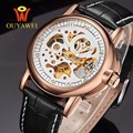 2016 NEWEST OUYAWEI Military mechanical watch Top Brand Luxurygold watch men leather skeleton reloj hombre