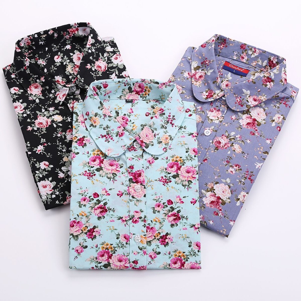 Image of Floral Women Blouses Ladies Cotton Office Shirts Vetement Femme Long Sleeve Women Tops Turn-down Collar Blusas Femininas 2015