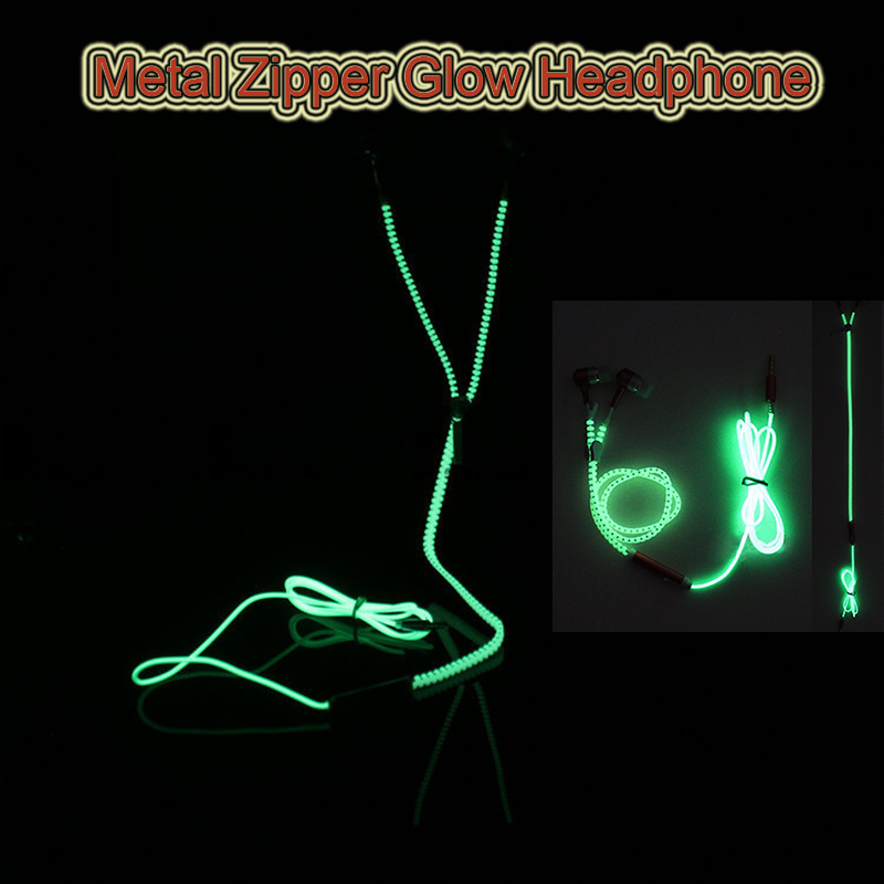 Univesal Glow Headphones Luminous Light Metal Headphones Zipper Earphone Glow In The Dark Earphones Headset For