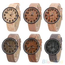 Mujeres de cosecha de madera de grano de cuero de imitación de bronce números romanos analógica vestido de pulsera de cuarzo 2DKN