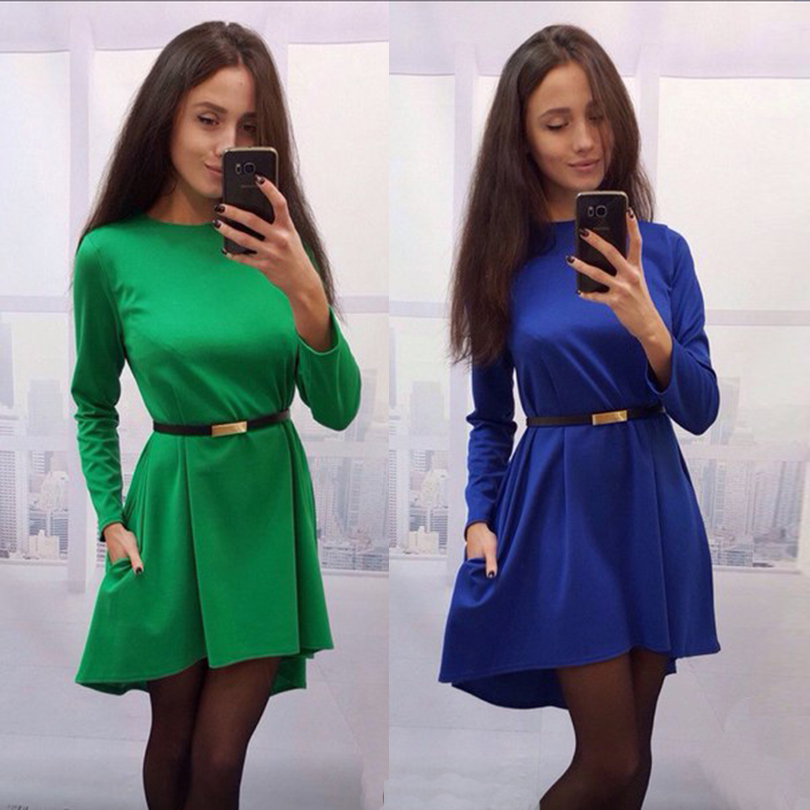 2016 new women's casual solid color dress,knee-length fashion round neck long-sleeved dress