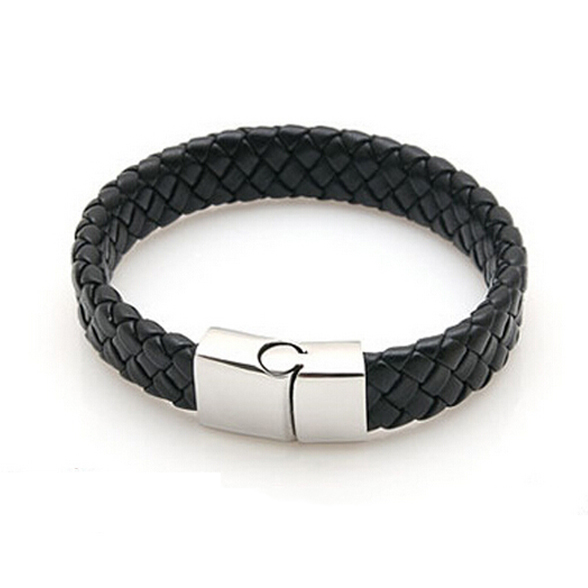 Image of New Fashion Jewelry Black Braided Leather Bracelet Men Stainless Steel Bracelets Bangles De Couro Pulseiras Masculinos YK2057