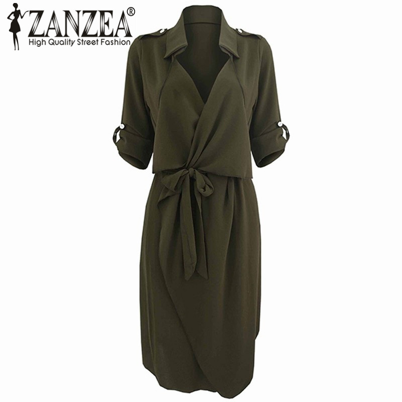 Image of Brand New 2016 ZANZEA Spring Women Dress Solid Long Sleeve Wrapover Long Blusas Dresses Casual Belt Vestidos Plus Size