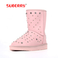 SUBERRY 2016 New Rhinestone Rivets High Quality Thick Fur Women Boots Plush Warm Lady Shoes Pink