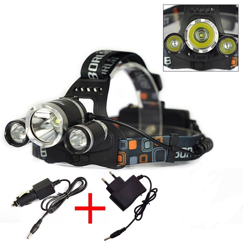 Image of 5000 Lumens 3*CREE T6 LED Headlamp Headlight Frontal LED Headlamp LanternsTorch Flashlight Use18650 + Car/AC Charger