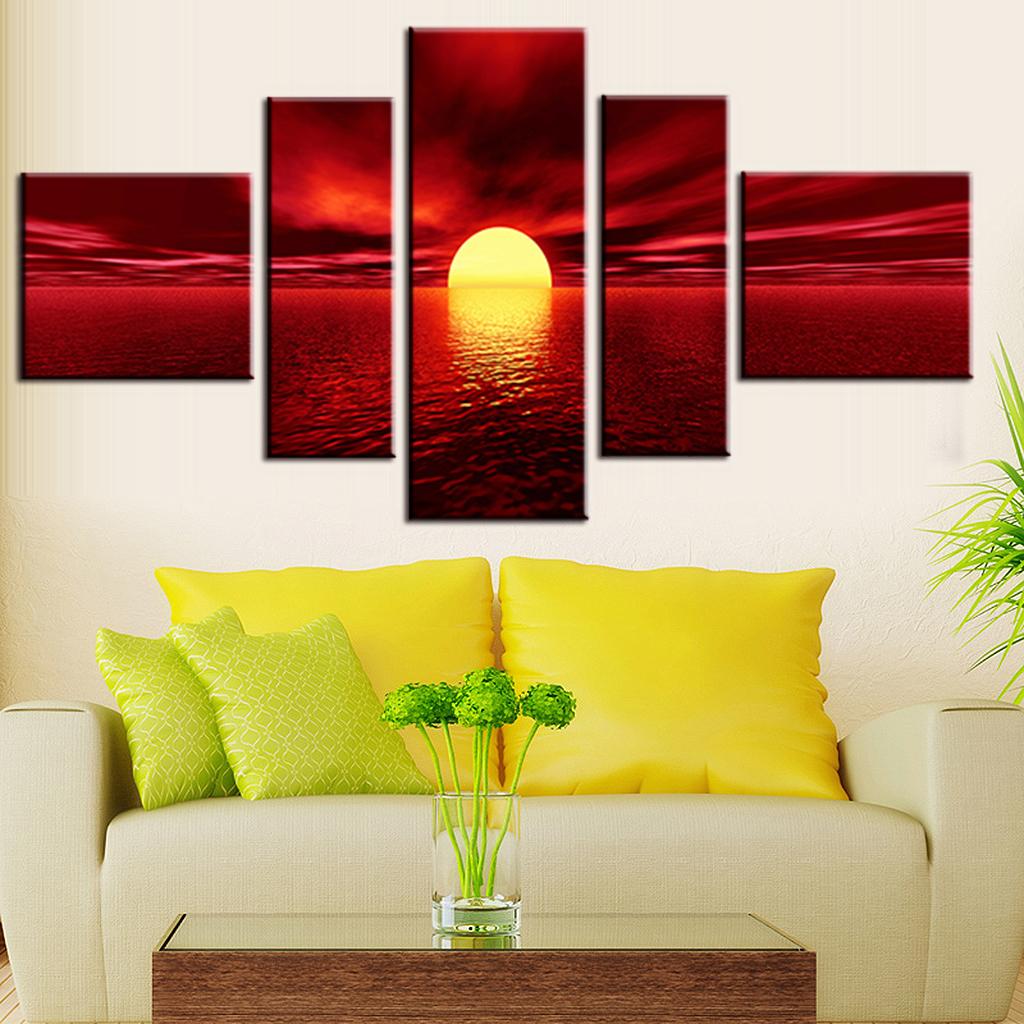 5 Panel Modern Art Painting Wall Art Picture Spray Paintings Sunset Red Sea Canvas Home Decorative SE5005