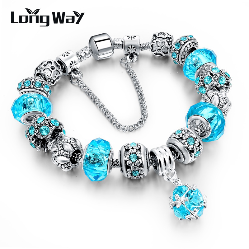 Image of European Style Authentic Tibetan Silver Blue Crystal Charm Bracelets for Women Original DIY Jewelry Christmas Gift SBR150292