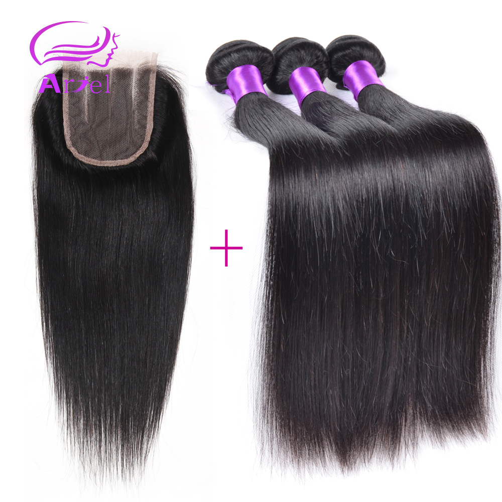 Image of Brazilian Straight Hair With Closure 3PCS Human Hair with Closure #1B 7A Unprocessed Brazilian Virgin Hair Straight With Closure