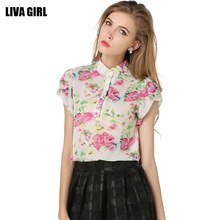 New Summer Women Blouses Floral Print Puff Sleeve Chiffon Blouse Vintage Stand Collar Blusas Femininas 2016 Tops Shirt Women