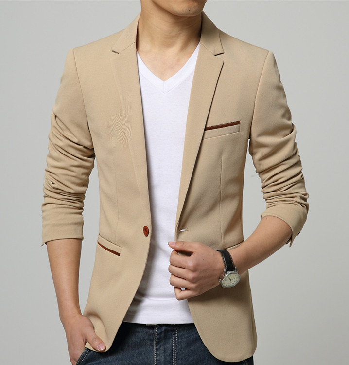 Mens Korean slim fit fashion cotton blazer Suit Jacket black blue beige plus size M to