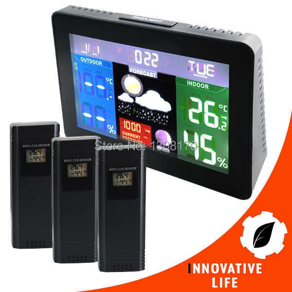 Weather Forecast Station WWVB DCF77 RCC RH Barometric Pressure Thermometer Indoor Outdoor Temperature Monitor + 3 sensors