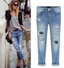 Plus Size Summer Boyfriend Jeans Women Ripped Jeans Full Length Long Pants Straight Denim Trouses