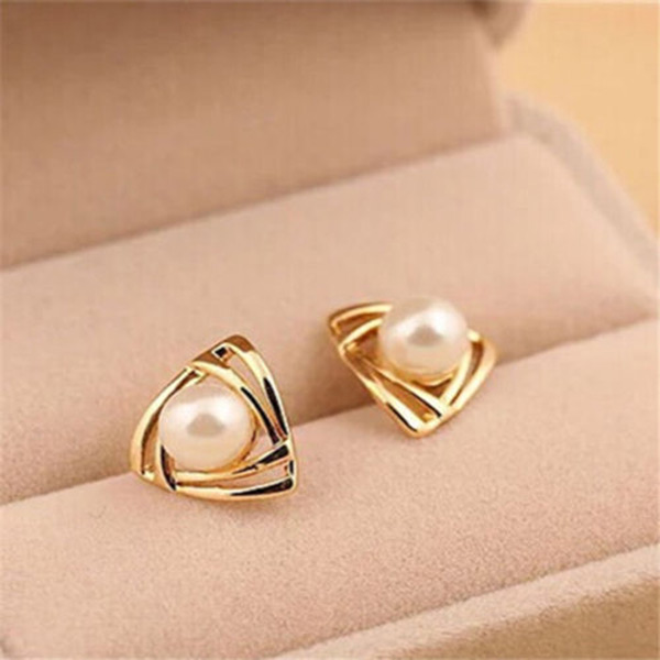 Image of Gold White Pearl Ear Stud Earrings Women Elagant Charming Triangle Pendientes Jewelry Accessories