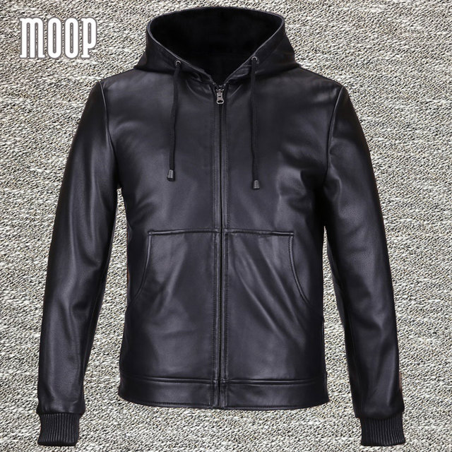 Черный натуральная кожа куртки и пальто мужчины 100% овчины с капюшоном куртка мотоцикла пальто весте cuir homme 2 накладными карманами LT559