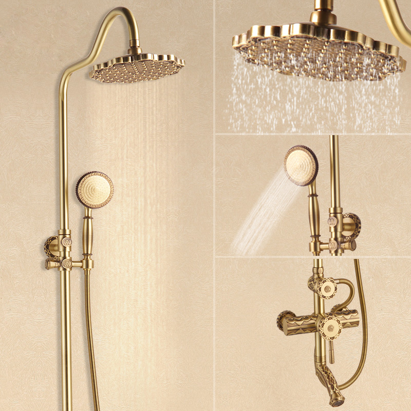 Luxury ! Antique Brass Carving Rainfall Shower Sets Faucet Mixer Tap With Tub Faucet Single Handles LT10135AAB