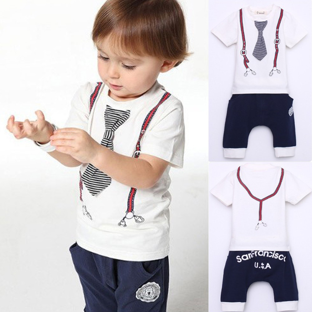 New Kids Baby Boy Cotton Tie Belt Print Top T Shirt Short Pants Tops 1 5Y