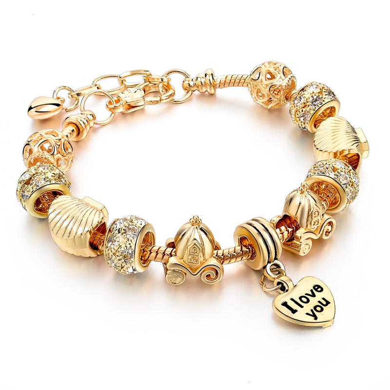 Image of Luxury Jewelry European Heart Charm Bracelet Gold DIY Beads Women Bracelets Bangles Pulsera SBR150082