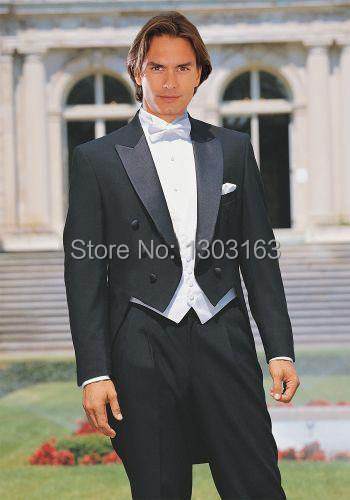2014Custom Made Black Tailcoat Groom Tuxedos Peak Lapel Best Man Groomsmen Men Wedding Suits Bridegroom (Jacket+Pants+Vest+Tie)