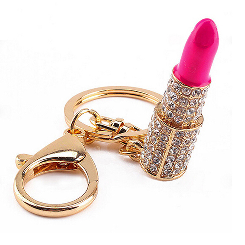 Image of Lipstick Rhinestone Crystal Keyring Charm Pink Pendant Car Gold KeyChain For Woman Gift GM469