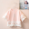 2 7y 2016 New Summer Girls Lacework Shirt Kids 100 Cotton Shirt Children Half Sleeve T