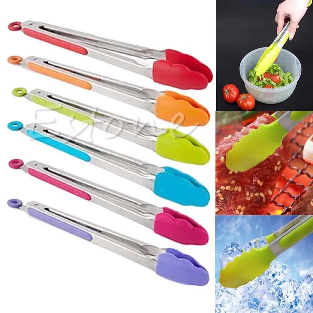 Image of 1PC New Silicone Cooking Salad Serving BBQ Tongs Stainless Steel Handle Utensil
