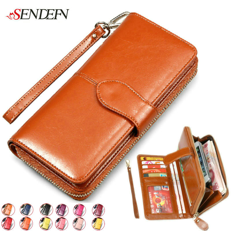 Image of 100% Vintage Cowhide Women Wallets Genuine Leather Wallet Woman Brand Coin Purse Zipper Ladies Leather Wallets Long Credit Cards