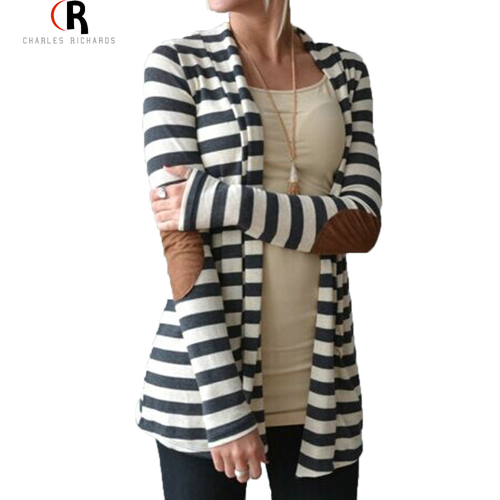 Image of Black and White Striped Elbow Patching PU Leather Long Sleeve Knitted Cardigan Fall Slim 2016 Spring Autumn Women Sweater