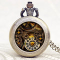 Gear Theme Glass Dome Bronze Fashion Pendant Pocket Watch With Necklace Chain Gift For Men Women