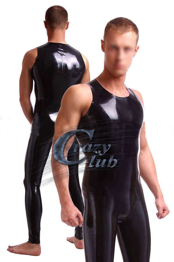 Crazy club_Latex Fetish Men sexy black latex tights Latex clothe fetish sleeveless rubber garment catsuit for men Sale on line