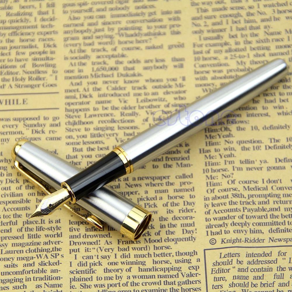 Image of Free Shipping Exquisite BAOER 388 Stainless Steel S.S Fountain Silver Gold Trim M Nib Size Pen for beauty tool