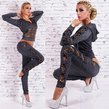 2016 Women Sport Suits New Spring Leopard splicing Sport Suit,Tracksuits Women Sweatshirt set Hoodies pant Pullovers W324