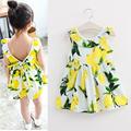 Fashion Girls Lemon Dress Children Sundress Baby Girls Clothes V back Ruffles Bowknot Dress for Kids