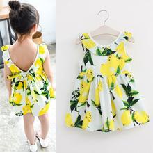 Fashion Girls Lemon Dress Children Sundress Baby Girls Clothes V-back Ruffles Bowknot Dress for Kids Girl Dress Summer 2016