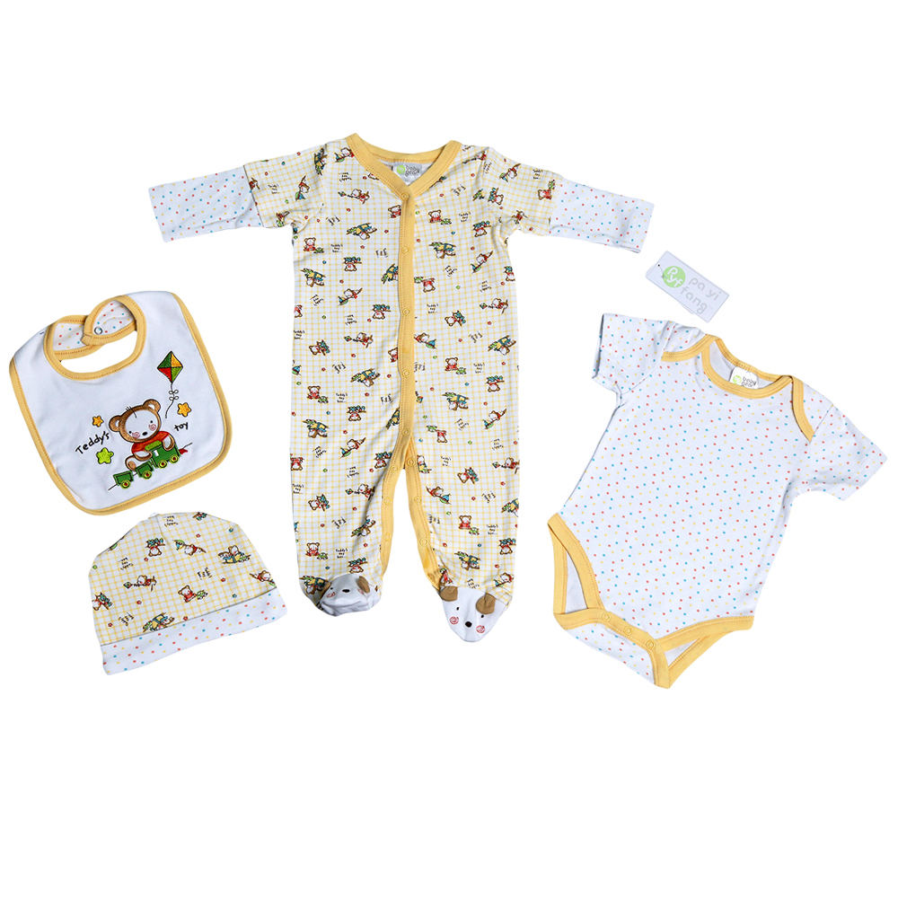 New design 100% cotton baby clothes sets 4pcs teddy bear and polka dots infants rompers cap baby bib