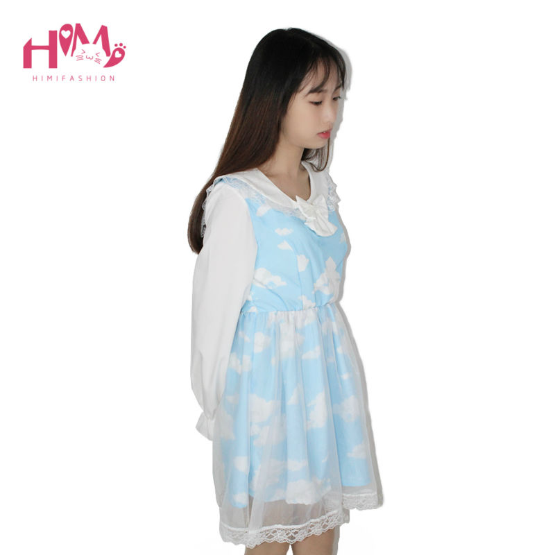 Lolita Dress Casual Cloud Prints Sky Blue Sailor Collar Short Or Long Sleeves Organza Sailor Dress Harajuku Cosplay Veil Dresses (4)