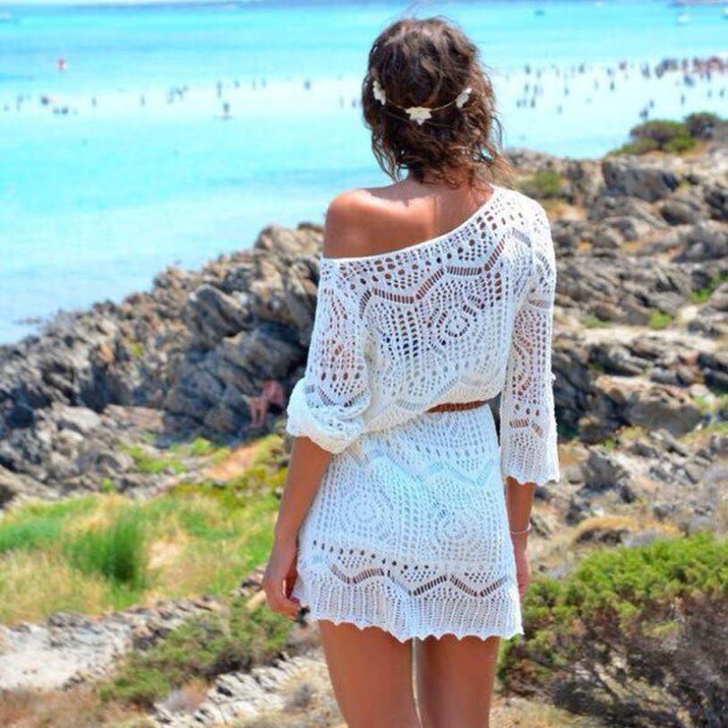 2016 Spring Summer S-XL Sexy Women Hollow Out White V Neck Mini Lace Dress Beach Party Elegant Dress