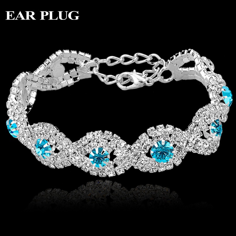Image of Luxury Wedding Austrian Crystal Bracelets With Stones For Women Sterling Silver Bracelets Bangles Turkish Blue Sapphire-Jewelry