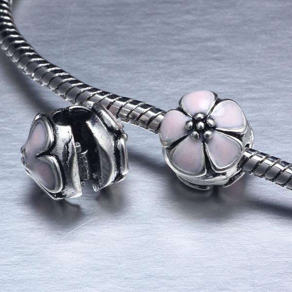 Free Shipping Clips Locks Silver European Pink Cherry Blossoms Stopper Flower Bead Charm Fit Pandora Bracelets