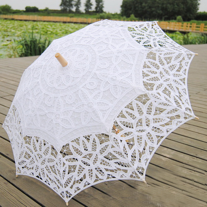 2016 New style White Wedding Adult umbrella Embroidery Lace Parasol Wooden Cotton cloth Sun Umbrella Wedding Umbrella