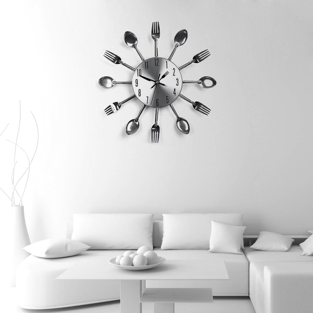 Image of Modern Sliver Cutlery Kitchen Clock Spoon Fork Creative Mirror Wall Stickers w/ Mechanism Decor New