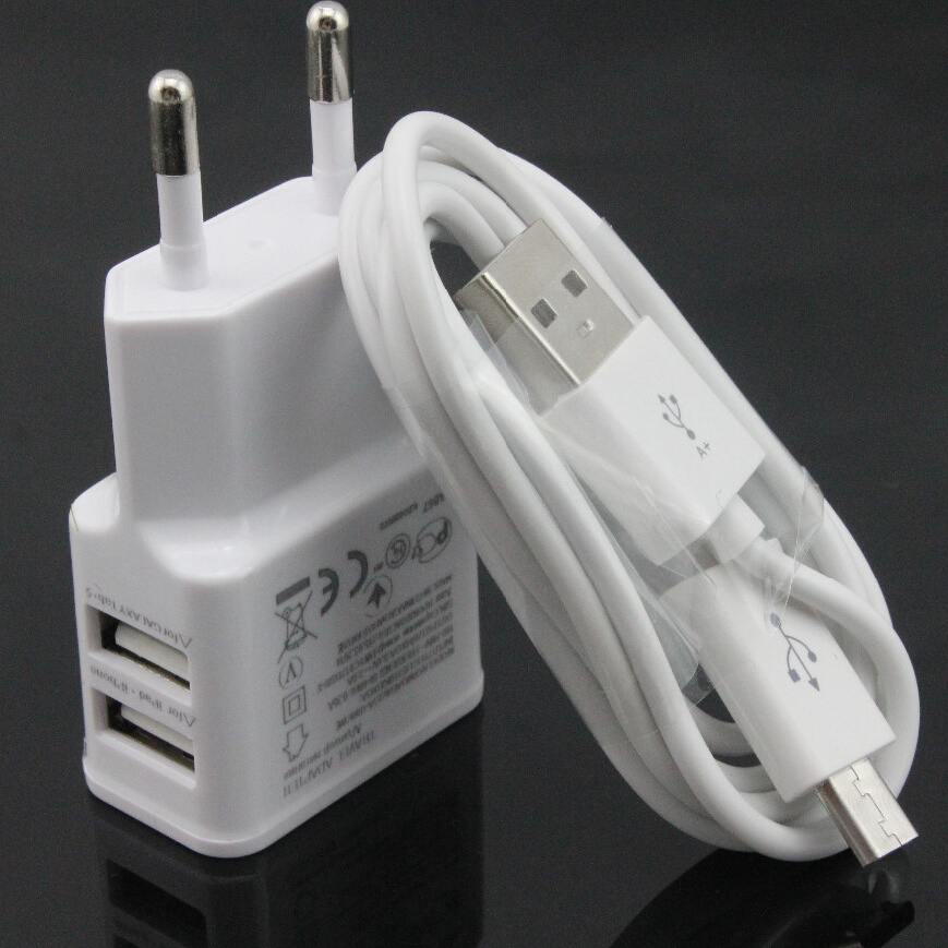 Image of original 2A white Dual 5V USB EU Plug Wall Charger +micro USB cable for Samsung galaxy S3 I9300 note 3 note4 mobile phone