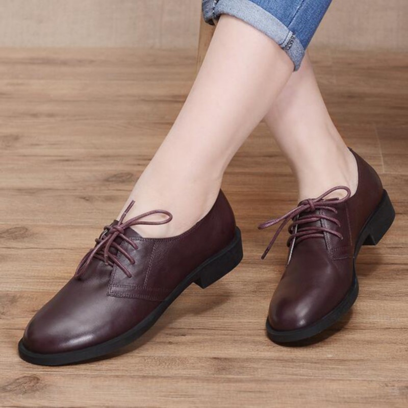 2016 vintage fashion preppy style women shoes lacing casual shoes first layer of cowhide round toe flats plus size 41 - 43